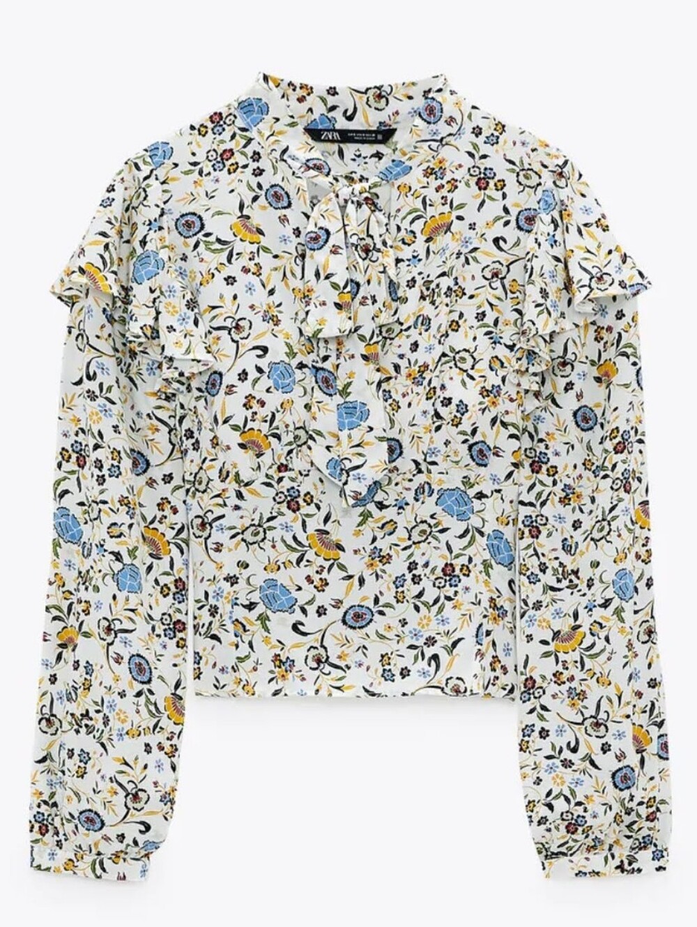 Zara White Floral Ruffle Tie-Neck Blouse